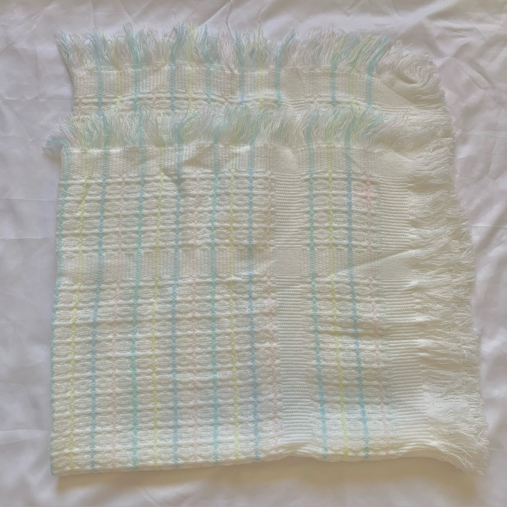 VTG Acrylic Soft Light Pastel Striped Baby Blanket Japan Fringe Tiny Mervyn’s